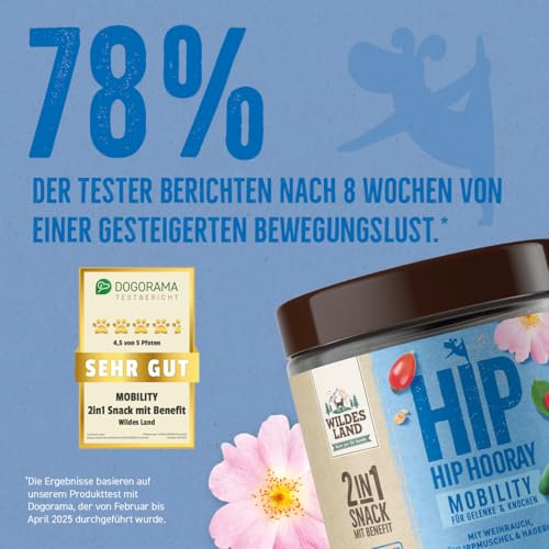 Wildes Land Mobility Gelenke & Knochen Snack für Hunde – 300 g – Funktionaler Premium-Hundesnack mit Grünlippmuschel & Glucosamin – Getreidefrei, natürliche Zutaten, unterstützt Beweglichkeit von WILDES LAND