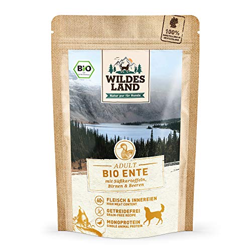 Wildes Land - Nassfutter für Hunde - Bio Ente - 10 x 125 g - Getreidefrei - Extra hoher Fleischanteil von 60% - 100% zertifizierte Bio-Zutaten - Beste Akzeptanz und Verträglichkeit von WILDES LAND