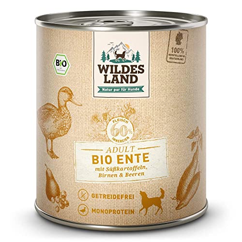 Wildes Land - Nassfutter für Hunde - Bio Ente - 24 x 800 g - Getreidefrei - Extra hoher Fleischanteil von 60% - 100% zertifizierte Bio-Zutaten - Beste Akzeptanz und Verträglichkeit von WILDES LAND