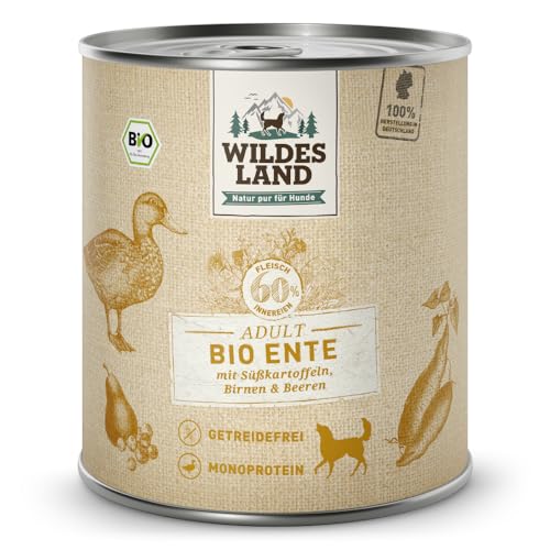 Wildes Land - Nassfutter für Hunde - Bio Ente - 6 x 800 g - Getreidefrei - Extra hoher Fleischanteil von 60% - 100% zertifizierte Bio-Zutaten - Beste Akzeptanz und Verträglichkeit Wildes Land - Nassfutter für Hunde - Bio Ente - 6 x 800 g - Getreidefrei - Extra hoher Fleischanteil von 60% - 100% zertifizierte Bio-Zutaten - Beste Akzeptanz und Verträglichkeit von WILDES LAND