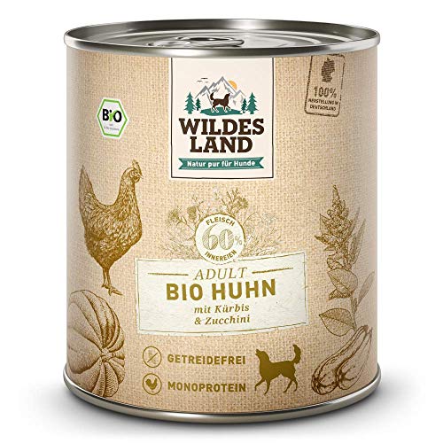 Wildes Land - Nassfutter für Hunde - Bio Huhn - 12 x 800 g -Getreidefrei - Extra hoher Fleischanteil von 60% - 100% zertifizierte Bio-Zutaten - Beste Akzeptanz und Verträglichkeit von WILDES LAND