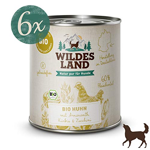 Wildes Land - Nassfutter für Hunde - Bio Huhn - 6 x 800 g -Getreidefrei - Extra hoher Fleischanteil von 60% - 100% zertifizierte Bio-Zutaten - Beste Akzeptanz und Verträglichkeit von WILDES LAND