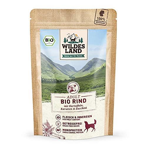 Wildes Land - Nassfutter für Hunde - Bio Rind - 40 x 125 g - Getreidefrei - Extra hoher Fleischanteil von 60% - 100% zertifizierte Bio-Zutaten - Beste Akzeptanz und Verträglichkeit von WILDES LAND