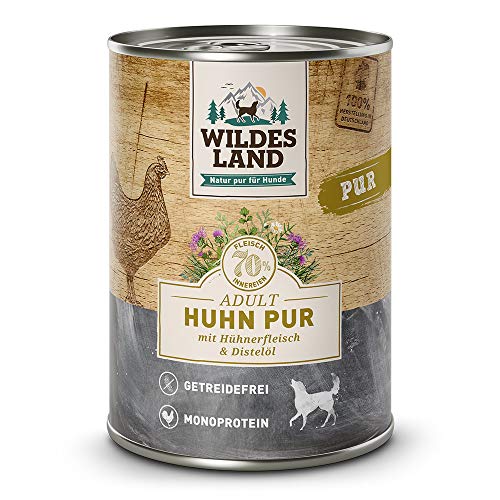 Wildes Land - Nassfutter für Hunde - Huhn PUR - 12 x 400 g - mit Distelöl - Getreidefrei - Extra hoher Fleischanteil von 70% - Beste Akzeptanz und Verträglichkeit von WILDES LAND