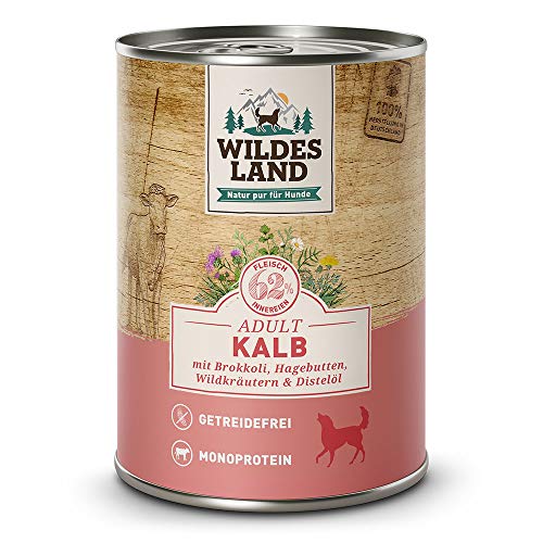 Wildes Land - Nassfutter für Hunde - Kalb - 6 x 400 g - mit Brokkoli, Karotten, Hagebutte, Wildkräutern & Distelöl - Glutenfrei - Extra viel Fleisch - Beste Akzeptanz und Verträglichkeit von WILDES LAND