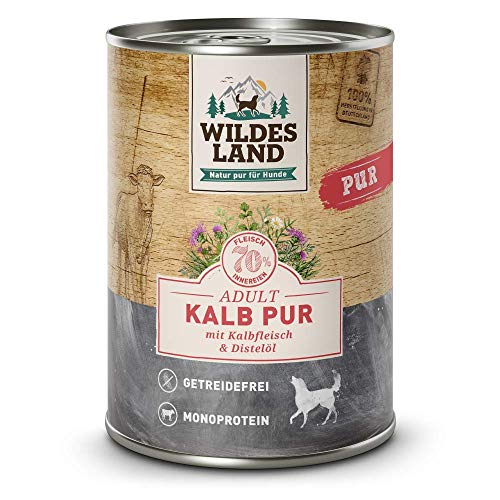 Wildes Land - Nassfutter für Hunde - Kalb PUR - 12 x 400 g - mit Distelöl - Getreidefrei - Extra hoher Fleischanteil von 70% - Beste Akzeptanz und Verträglichkeit von WILDES LAND