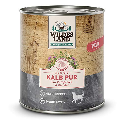 Wildes Land - Nassfutter für Hunde - Kalb PUR - 24 x 800 g - mit Distelöl - Getreidefrei - Extra hoher Fleischanteil von 70% - Beste Akzeptanz und Verträglichkeit von WILDES LAND