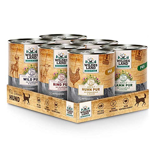 Wildes Land - Nassfutter für Hunde - Mix PUR - 6 x 800 g - Glutenfrei - Extra viel Fleisch - Beste Akzeptanz und Verträglichkeit von WILDES LAND