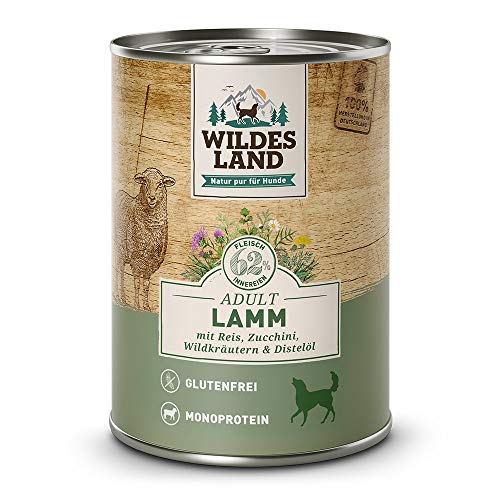Wildes Land - Nassfutter für Hunde - Nr. 1 Lamm - 12 x 400 g - mit Reis, Zucchini, Wildkräutern & Distelöl - Glutenfrei - Extra viel Fleisch - Beste Akzeptanz und Verträglichkeit von WILDES LAND