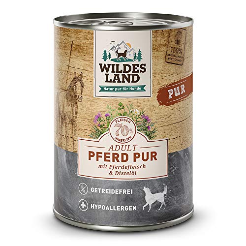 Wildes Land - Nassfutter für Hunde - Pferd PUR - 12 x 400 g - mit Distelöl - Getreidefrei & Hypoallergen - Extra hoher Fleischanteil von 70% - Beste Akzeptanz und Verträglichkeit von WILDES LAND