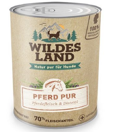 Wildes Land - Nassfutter für Hunde - Pferd PUR - 6 x 400 g - mit Distelöl - Getreidefrei & Hypoallergen - Extra hoher Fleischanteil von 70% - Beste Akzeptanz und Verträglichkeit von WILDES LAND