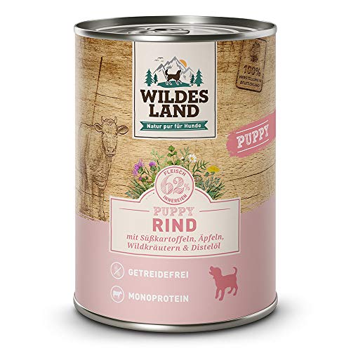 Wildes Land - Nassfutter für Hunde - Puppy Rind - 12 x 400 g - mit Süßkartoffeln, Äpfeln, Wildkräutern & Distelöl - Glutenfrei - Extra viel Fleisch - Beste Akzeptanz und Verträglichkeit von WILDES LAND