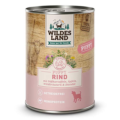 Wildes Land - Nassfutter für Hunde - Puppy Rind - 6 x 400 g - mit Süßkartoffeln, Äpfeln, Wildkräutern & Distelöl - Glutenfrei - Extra viel Fleisch - Beste Akzeptanz und Verträglichkeit von WILDES LAND