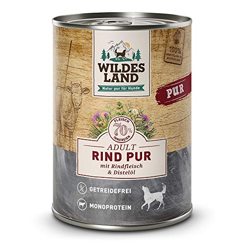 Wildes Land - Nassfutter für Hunde - Rind PUR - 12 x 400 g - mit Distelöl - Getreidefrei - Extra hoher Fleischanteil von 70% - Beste Akzeptanz und Verträglichkeit von WILDES LAND