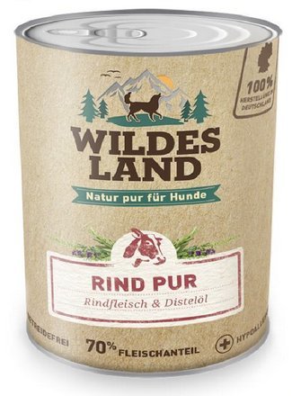 Wildes Land - Nassfutter für Hunde - Rind PUR - 6 x 400 g - mit Distelöl - Getreidefrei - Extra hoher Fleischanteil von 70% - Beste Akzeptanz und Verträglichkeit von WILDES LAND