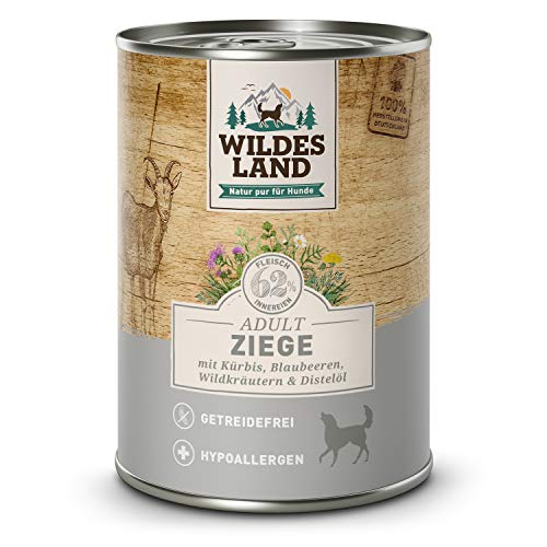 Wildes Land - Nassfutter für Hunde - Ziege - 6 x 400 g - mit Kürbis, Blaubeeren, Wildkräutern und Distelöl - Glutenfrei - Extra viel Fleisch - Beste Akzeptanz und Verträglichkeit von WILDES LAND