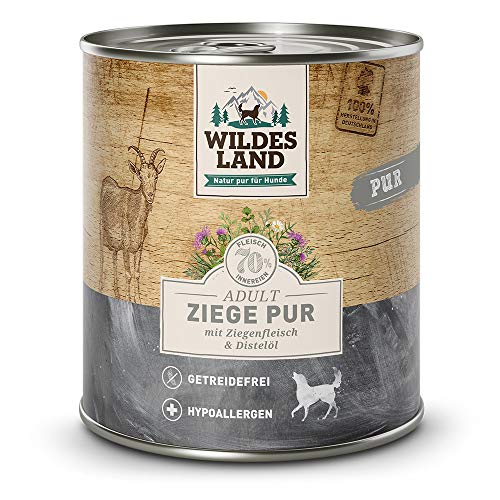 Wildes Land - Nassfutter für Hunde - Ziege - 6 x 800 g - mit Kürbis, Blaubeeren, Wildkräutern und Distelöl - Glutenfrei - Extra viel Fleisch - Beste Akzeptanz und Verträglichkeit von WILDES LAND