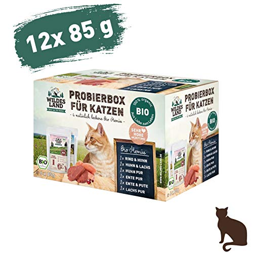 Wildes Land - Nassfutter für Katzen - Mix - Bio - 12 x 85 g - Aus kontrolliertem biologischen Anbau - Getreidefrei - Extra viel Fleisch von WILDES LAND