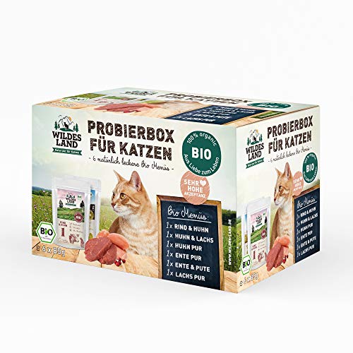 Wildes Land - Nassfutter für Katzen - Mix - Bio - 6 x 85 g - Aus kontrolliertem biologischen Anbau - Getreidefrei - Extra viel Fleisch - Beste Akzeptanz und Verträglichkeit von WILDES LAND