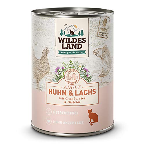 Wildes Land - Nassfutter für Katzen - Nr. 2 Huhn & Lachs - 12 x 400 g - Getreidefrei - Extra viel Fleisch - Beste Akzeptanz und Verträglichkeit von WILDES LAND