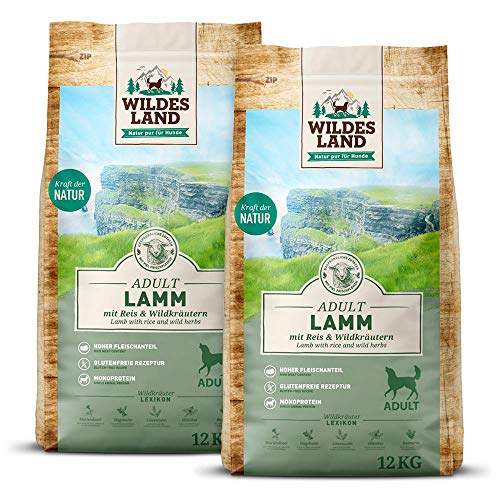 Wildes Land - Nr. 1 Lamm - 24 kg - mit Reis und Wildkräutern - Glutenfrei - Trockenfutter für Hunde - Hundefutter mit hohem Fleischanteil - Für alle Hunderassen - Hohe Verträglichkeit von WILDES LAND