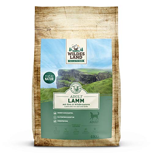 Wildes Land - Nr. 1 Lamm - 4 kg - mit Reis und Wildkräutern - Glutenfrei - Trockenfutter für Hunde - Hundefutter mit hohem Fleischanteil - Für alle Hunderassen - Hohe Verträglichkeit von WILDES LAND