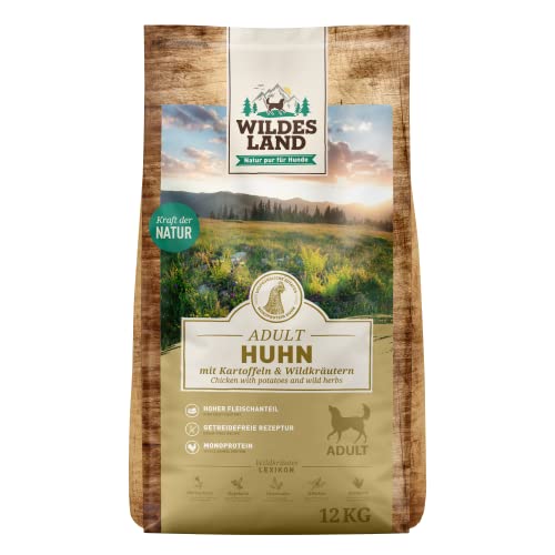 Wildes Land - Nr. 11 Huhn - 12 kg - mit Kartoffeln und Wildkräutern - Glutenfrei - Trockenfutter für Hunde - Hundefutter mit hohem Fleischanteil - Hohe Verträglichkeit von WILDES LAND