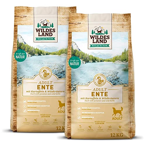 Wildes Land - Nr. 2 Ente - 24 kg - mit Kartoffeln und Wildkräutern - Glutenfrei - Trockenfutter für Hunde - Hundefutter mit hohem Fleischanteil Hohe Verträglichkeit von WILDES LAND