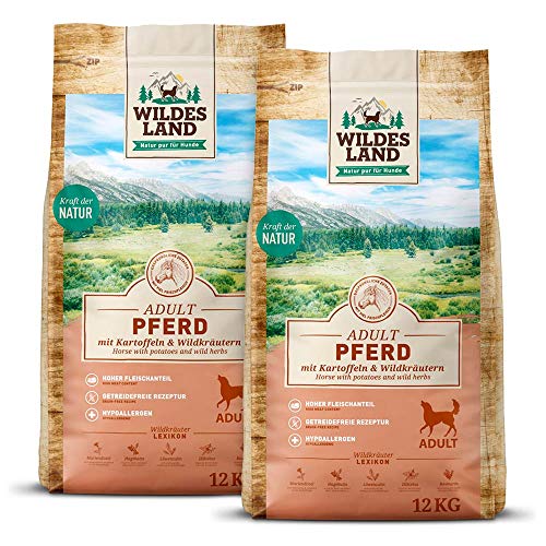 Wildes Land - Nr. 3 Pferd - 24 kg - mit Kartoffeln und Wildkräutern - Glutenfrei & Hypoallergen - Trockenfutter für Hunde - Hundefutter mit hohem Fleischanteil Hohe Verträglichkeit von WILDES LAND