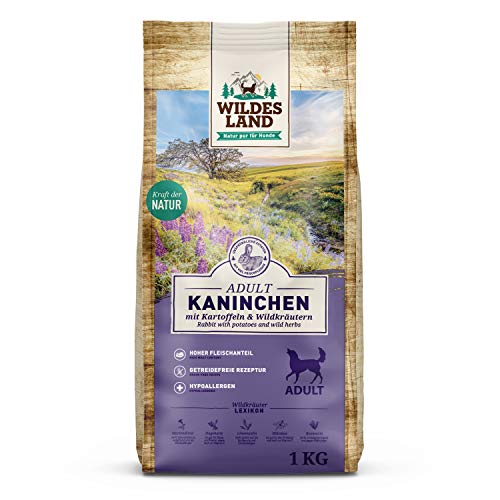 Wildes Land - Nr. 4 Kaninchen - 1 kg - mit Kartoffeln und Wildkräutern - Glutenfrei - Trockenfutter für Hunde - Hundefutter mit hohem Fleischanteil - Hohe Verträglichkeit von WILDES LAND