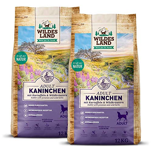 Wildes Land - Nr. 4 Kaninchen - 24 kg - mit Kartoffeln und Wildkräutern - Glutenfrei - Trockenfutter für Hunde - Hundefutter mit hohem Fleischanteil - Hohe Verträglichkeit von WILDES LAND