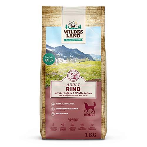 Wildes Land - Nr. 5 Rind - 1 kg - mit Kartoffeln und Wildkräutern - Glutenfrei - Trockenfutter für Hunde - Hundefutter mit hohem Fleischanteil Hohe Verträglichkeit von WILDES LAND