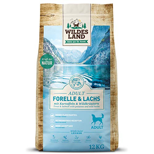 Wildes Land - Nr. 6 Forelle & Lachs - 12 kg - mit Kartoffeln und Wildkräutern - Glutenfrei - Trockenfutter für Hunde - Hundefutter mit hohem Fleischanteil - Hohe Verträglichkeit von WILDES LAND