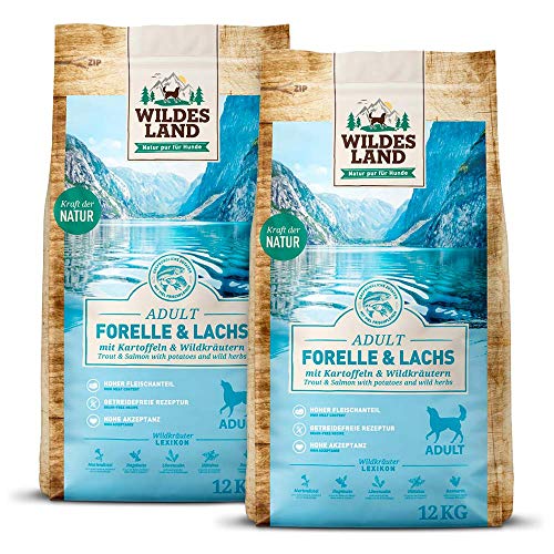 Wildes Land - Nr. 6 Forelle & Lachs - 24 kg - mit Kartoffeln und Wildkräutern - Glutenfrei - Trockenfutter für Hunde - Hundefutter mit hohem Fleischanteil - Hohe Verträglichkeit von WILDES LAND