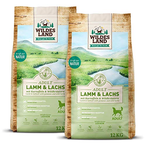 Wildes Land - Nr. 7 Lamm & Lachs - 24 kg - mit Kartoffeln und Wildkräutern - Glutenfrei - Trockenfutter für Hunde - Hundefutter mit hohem Fleischanteil - Hohe Verträglichkeit von WILDES LAND