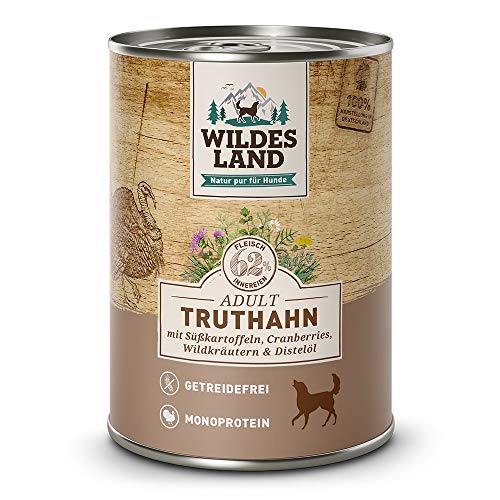 Wildes Land - Truthahn - 24 x 400 g - Mit Süßkartoffel, Cranberries, Distelöl und Wildkräutern - Nassfutter für Hunde - Hoher Fleischanteil - Monoprotein - Getreidefreies Hundefutter von WILDES LAND