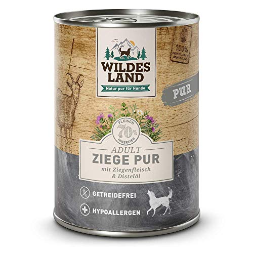 Wildes Land - Ziege PUR - 12 x 400 g - Mit Distelöl - Nassfutter für Hunde - Hoher Fleischanteil - Hypoallergen - Getreidefrei und Glutenfreies Hundefutter von WILDES LAND