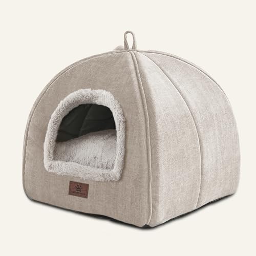 Katzenbett für Indoor-Katzen – Katzenhöhle, Katzenhaus, Katzenzelt mit abnehmbarem, waschbarem, gepolstertem Kissen, weiches und selbstständiges Kätzchenbett, Haustierbett, Beige, L (44,5 x 44,5 x von WINDRACING