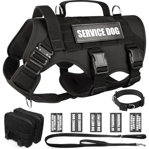 WINSEE Taktisches Hundegeschirr mit Hundeleine, Hundehalsband, Service-Arbeitsweste mit 10 Haustier-Patches für große Hunde, kein Ziehen, Militärgeschirr und Rucksack mit Airtag-Halter von WINSEE