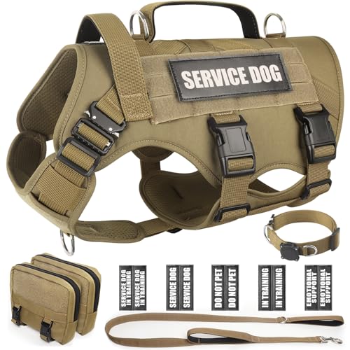 WINSEE Taktisches Hundegeschirr mit Hundeleine, Hundehalsband, Service-Arbeitsweste mit 10 Haustier-Patches für große Hunde, kein Ziehen, Militärgeschirr und Rucksack mit Airtag-Halter von WINSEE