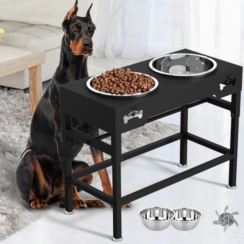 Erhöhte Hundenäpfe für große Hunde, erhöhter Ständer mit 2 Wasserfutternäpfen, Holz, für mittelgroße und kleine Hunde (Schwarz, Größe L, 4L) von WISUCART