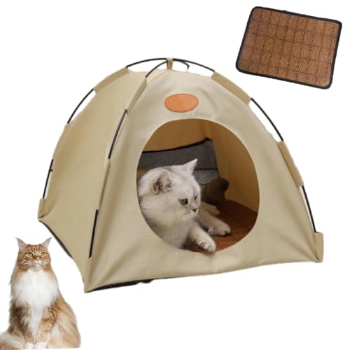 Katzen Kühlzelt, Pfoten-bedarf Premium Katzen Kühlzelt Mit Rattan Matte,Tragbares Haustierzelt, Abnehmbar Und Waschbar (Beige, L) von WIWIDANG