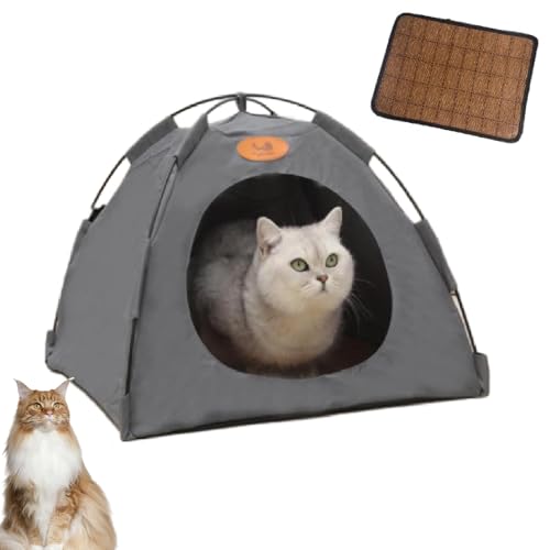 Katzen Kühlzelt, Pfoten-bedarf Premium Katzen Kühlzelt Mit Rattan Matte,Tragbares Haustierzelt, Abnehmbar Und Waschbar (Grau, L) von WIWIDANG