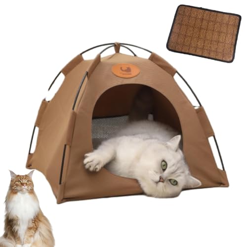 Katzen Kühlzelt, Pfoten-bedarf Premium Katzen Kühlzelt Mit Rattan Matte,Tragbares Haustierzelt, Abnehmbar Und Waschbar (Kaffee, L) von WIWIDANG