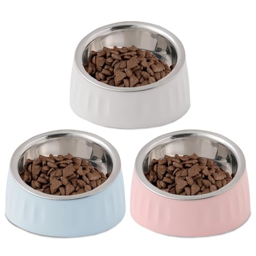 WIYETY 15° Schräg Edelstahl Katzennapf: 3 Stück Fressnäpfe für Katzen, 280ML Futternäpfe Katzenfutter, Katzennapf Erhöht, Herausnehmbarem Edelstahlnapf für Katze Welpe Futter und Wass von WIYETY