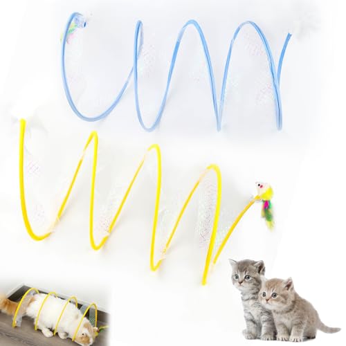 WIYETY Faltbarer Katzentunnel: 2 Stück Katzentunnel Interaktives Katzenspielzeug, Faltbarer Kätzchen-Tunnel mit Federspielzeug für Alle Katzen, Kaninchen, Welpen (Großes Gelb + Großes Blau) von WIYETY