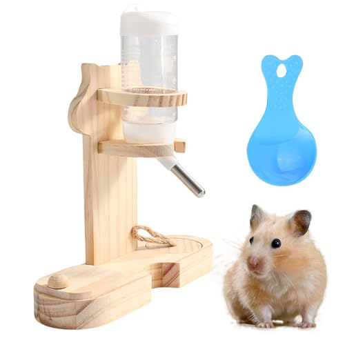 WIYETY Hamster Trinkflasche mit Ständer: Trinkflasche meerschweinchen Ständer aus Holz mit Basis Futtertrog und Plastiklöffel, Kleintiertränke Auslaufsicher Düse für Meerschweinchen Hasen von WIYETY