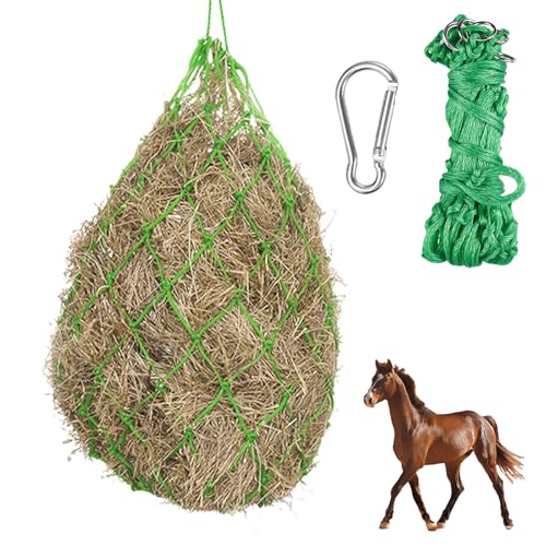 WIYETY Heunetz für Pferde Groß: Futternetz mit Ringen und Karabinerhaken, Heunetz für Pferde 100cm, Maschenweite 5 x 5 cm, Heunetz Pferd Heusack für Pferde, Grün von WIYETY