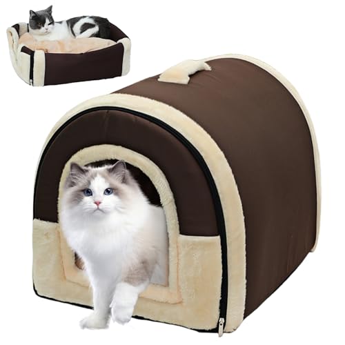 WIYETY Katzenhaus für Draußen Winterfest: Katzenhaus Outdoor, Katzenbett Höhle, Faltbares Katzenbett Outdoor für Kätzchen Kaninchen Meerschweinchen Tierheim Streuner Haustiere (Braun, 37x32x30cm) von WIYETY