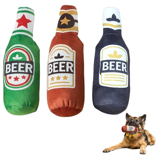 WIYETY Quietschendes Hundespielzeug: 3 Stück Weicher Bierflasche Hunde Spielsachen, Weiches Bierflaschen Plüsch Hundespielzeug für Welpen, Kleine, Mittlere, Große Hunde (Orange+Grün+Grau) von WIYETY